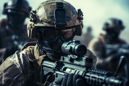 Image of courageous soldier with weapon during special operation created with generative AI