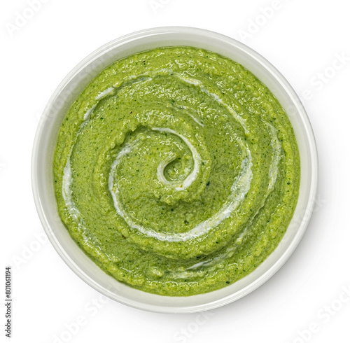 Broccoli soup isolated on white background. Top view