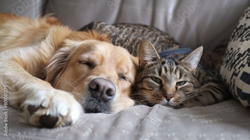 Golden retriever and tabby cat lying together exemplifying interspecies friendship and comfort