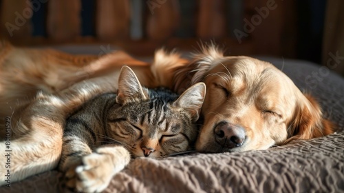 Golden retriever and tabby cat lying together exemplifying interspecies friendship and comfort