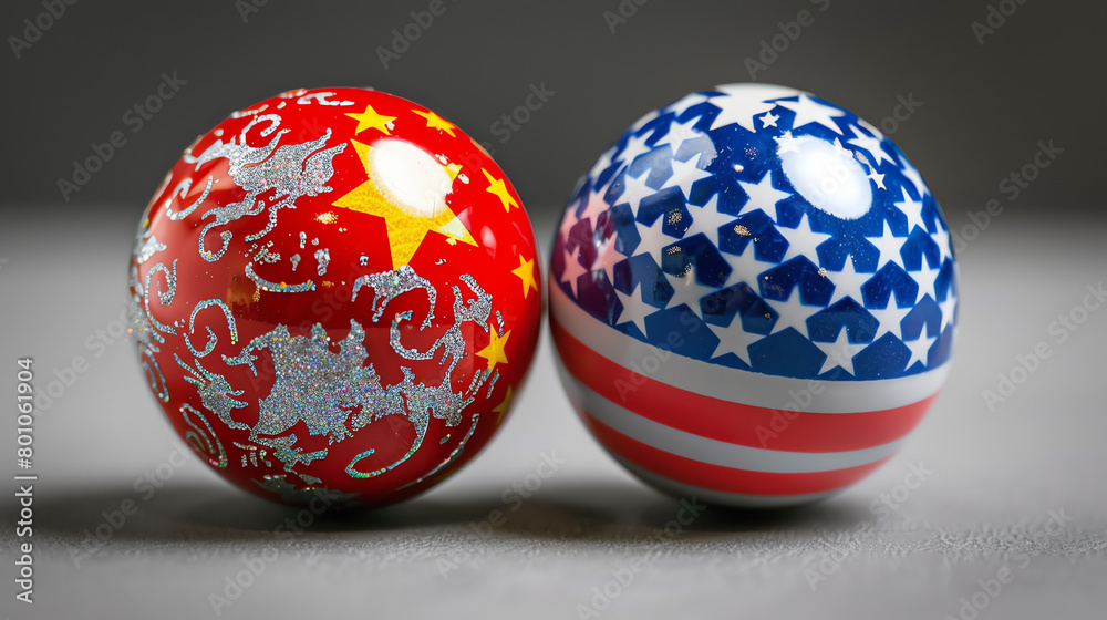 Decorative balls designed with Chinese and American flag patterns displayed on a neutral background Decorative balls designed with Chinese and American flag patterns displayed on a neutral background