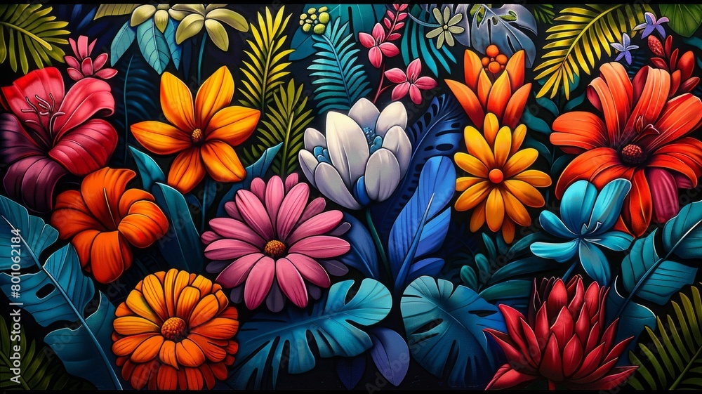 A colorful painting of a flower garden with a variety of flowers including daisi