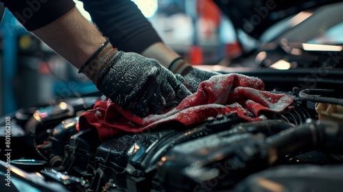mechanic's hands in black gloves carefully clean car engine with red rag
