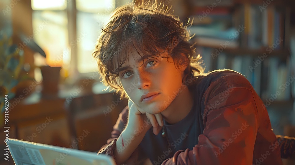 Candid scene of introspection and study in soft, ambient light