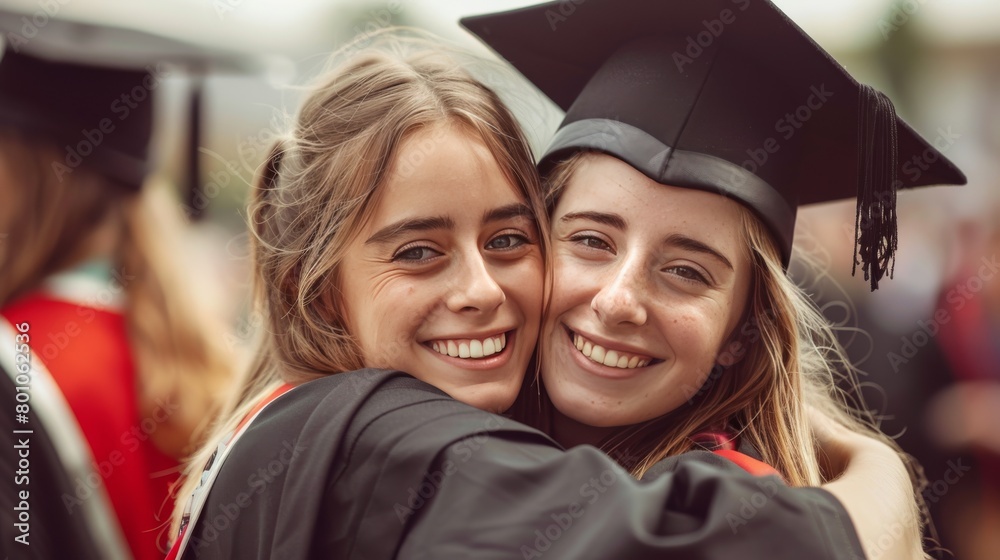 Two female friends hugging and smiling on their graduation day.