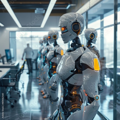 A group of robots stand in a room, with one of them looking at the camera
