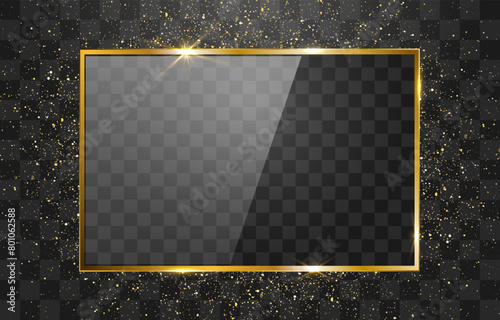 Vector golden frame around glitter particles. Golden frame with explosion of confetti. Glitter gold particles effect isolated on png background. Stardust particles on transparent background