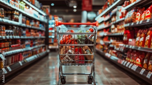 A shopping cart full of groceries is in a grocery store aisle