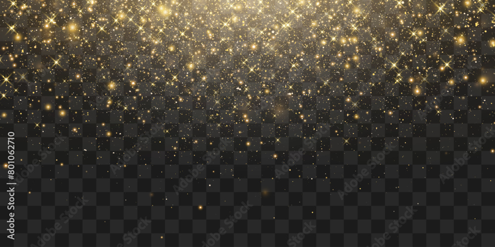 Vector magical dust light, dusty shine. Flying particles of light. Christmas light effect. Sparkling particles of fairy dust glow in transparent background. Vector illustration isolated on png