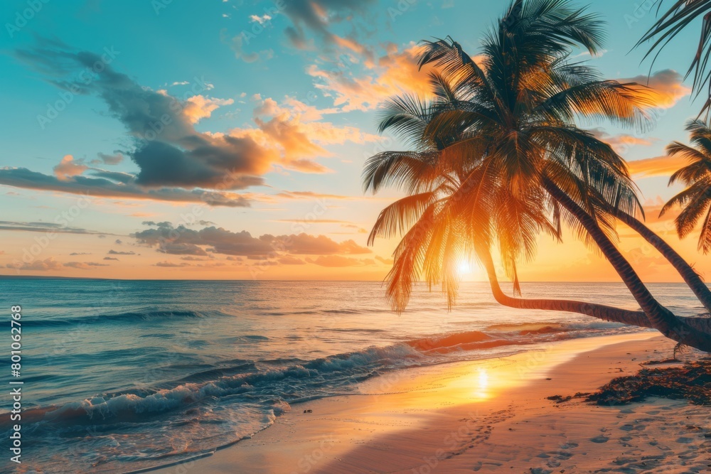 Sunset on the beach with palm trees and golden sand