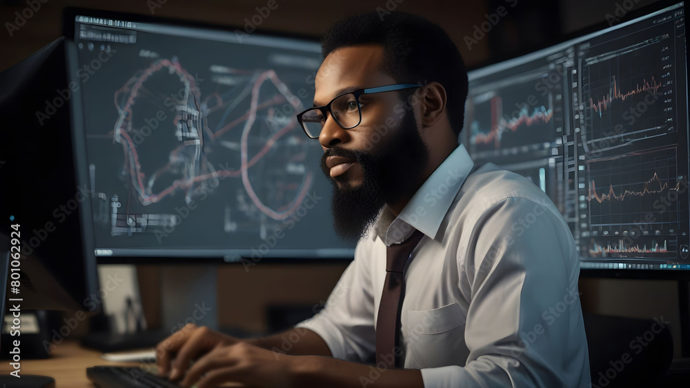 African American Man Working in Front of Two Computer Monitors. Generative AI African American Man Working in Front of Two Computer Monitors. Generative AI