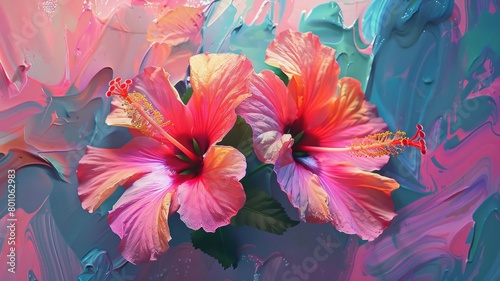 A painting of two pink flowers with yellow centers photo