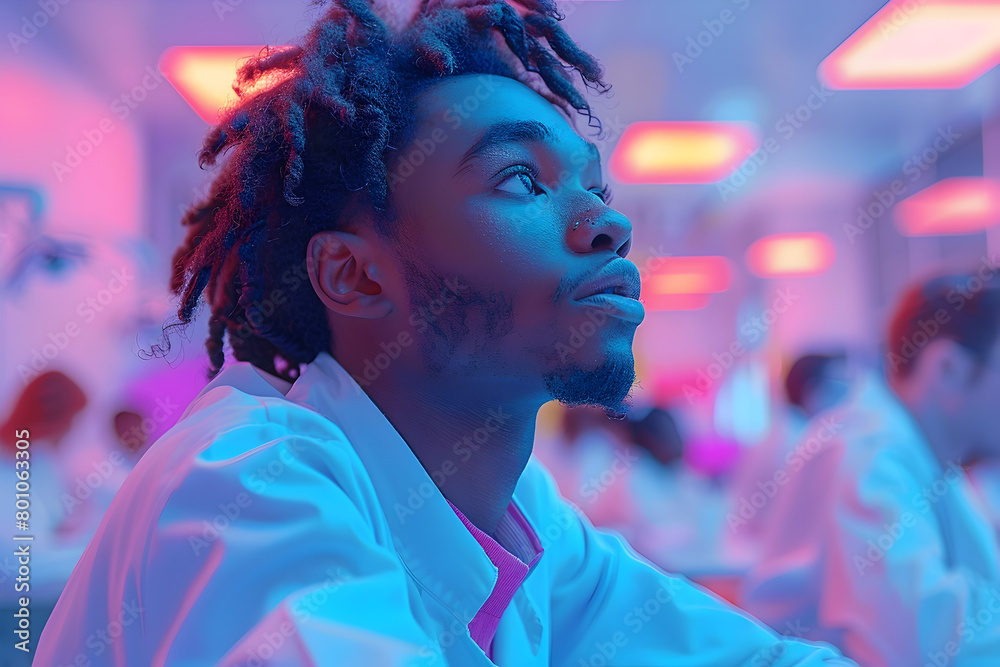 Modern Researcher in Lab Coat Pointing at Ceiling in Afrofuturism Style Modern Researcher in Lab Coat Pointing at Ceiling in Afrofuturism Style