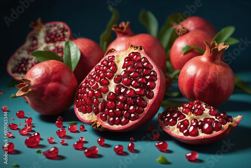 Pomegranate ai generated. Pomegranate fruit with seeds and leaves on blue background. Pomegranate background. Generative AI. © Tim UR