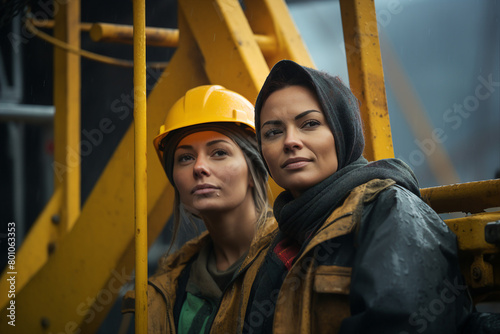 Generative AI picture Portrait of construction worker wearing a protective safety uniform clothes helmet at big building photo