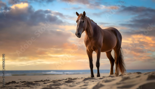 Majestic Horse Standing on Sandy Beach. Generative AI