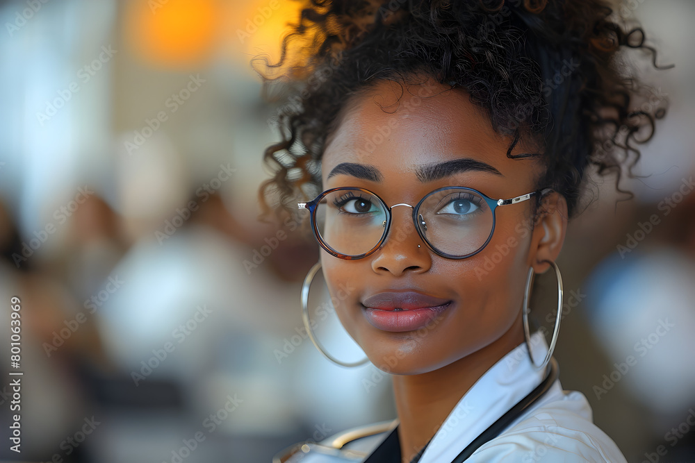 Trendy Young Afroamerican Woman Wearing Glasses and Stethoscope in a Cafe