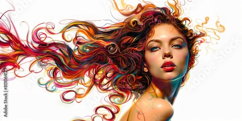 Vibrant digital art of a woman with flowing multicolored hair on a white background.