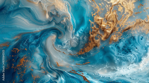 An opulent abstract ocean vista, where the coolness of icy blue swirls contrasts with the warmth of bronze powder, capturing the splendid isolation of the sea. photo