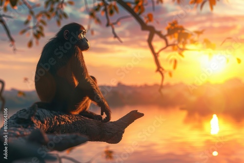 monkey sits on a tree branch looking at the sunset photo