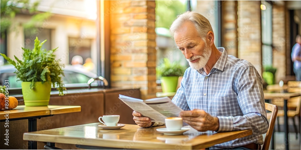 grandfather with a beard reads a newspaper in a cafe macro grandfather with a beard reads a newspaper in a cafe macro