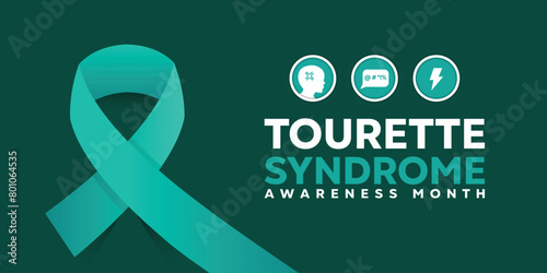 Tourette Syndrome Awareness Month. Ribbon, head and more. Great for cards, banners, posters, social media and more. Green background.