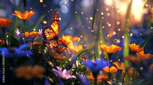 butterfly flies among bright flowers
