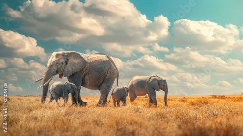 A family of elephants walking across the African savannah