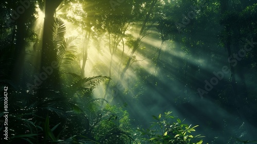 Lush summer forest with streaming sunlight