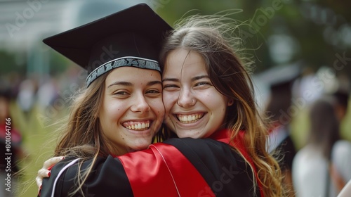 Two happy female friends hugging and smiling after graduation ceremony photo