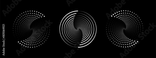 Set of speed lines in circle form. Halftone dotted speed lines. Abstract geometric circles with rotating radial lines. Design element for logo, prints, template or posters. Vector illustration