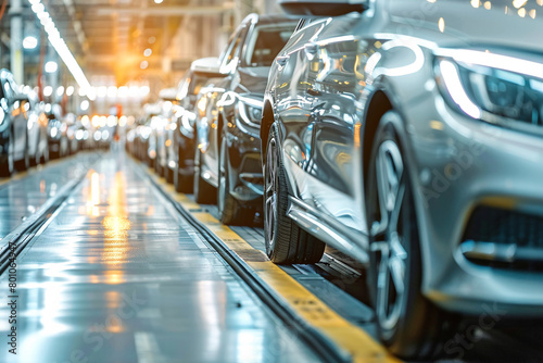 Shiny new cars on an automated assembly line in a manufacturing plant with bright lighting