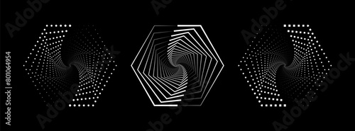 Set of speed lines in hexagon form. Halftone dotted speed lines. Abstract geometric hexagons with rotating radial lines. Design element for logo, prints, template or posters. Vector illustration