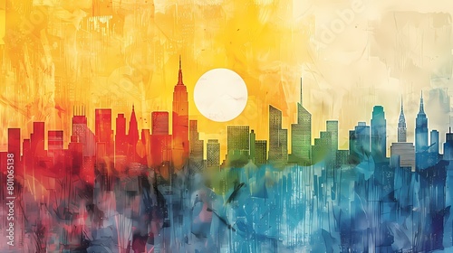city skyline with the morning sun shining illustration poster background 