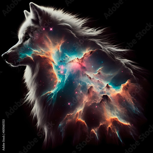 Wolf silhouette over colourful nebulas and starry night sky. Concept of a totem animal, powerful Universe, ancient believes and mythology. Amazing digital illustration. CG Artwork Background