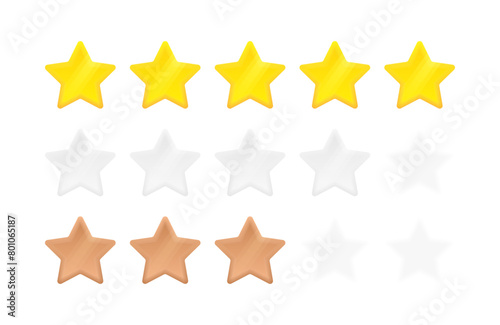 Stars label in 3d style with different level of grade. Five, four and three stars rating. Customer reviews rating about the product. Concept of feedback from the client to seller. Vector illustration