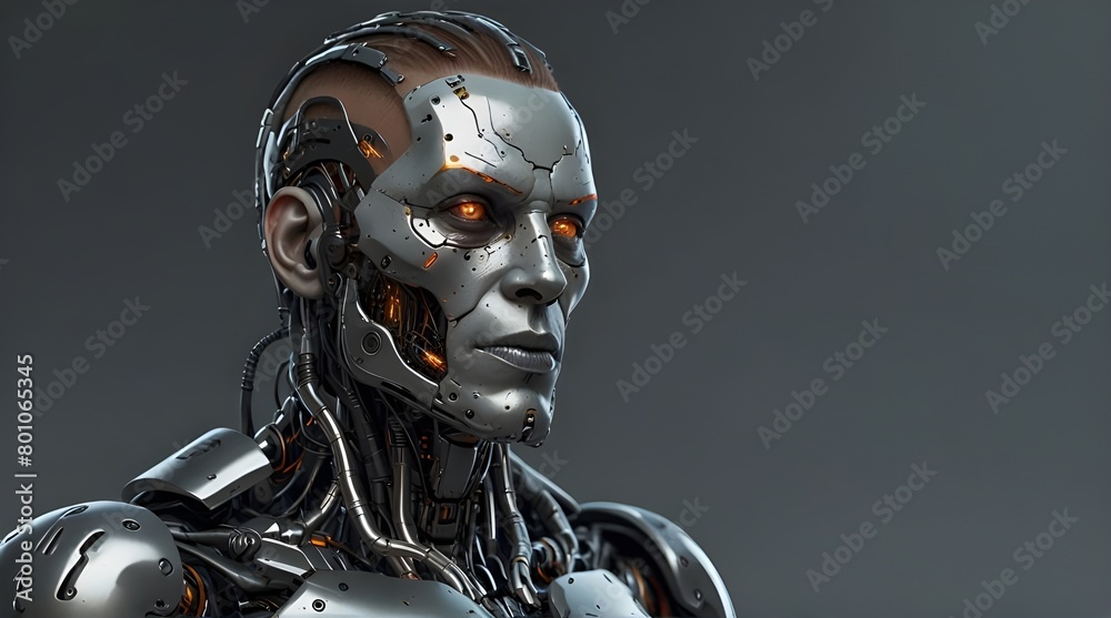 3D image of a full bodied or a man robot, half face of man half face of a robot, mechanical robot that looks like a man, wires of the robot, driving crane, dark, hyper realistic.generative.ai 3D image of a full bodied or a man robot, half face of man half face of a robot, mechanical robot that looks like a man, wires of the robot, driving crane, dark, hyper realistic.generative.ai