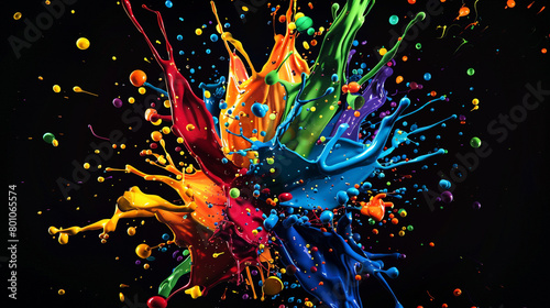 A vibrant explosion of multicolored paint splashes merging in the center of a black canvas, symbolizing a burst of creativity in the dark. 