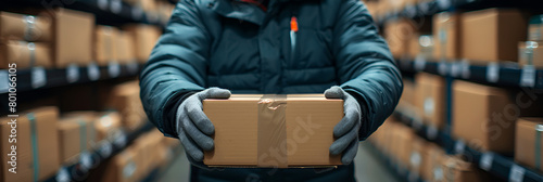 Closeup on hands of a worker moving cardboard bo,
Goods delivery workers in the warehouse
 photo