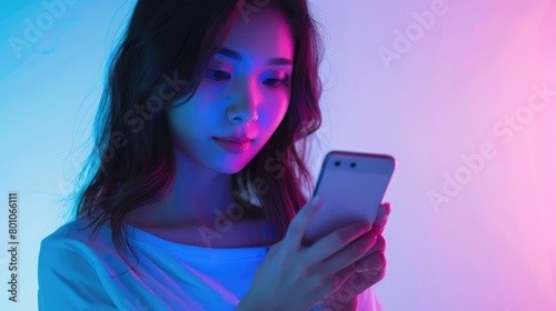 Dynamic powered by technology communication by AI concept Asian woman texting smart phone in neon colors light background
