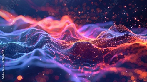 abstract background with a dynamic waves and particles, Illustration suitable for motion design, abstract futuristic background with colorful glowing neon lines , Data transfer concept