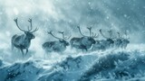 A group of reindeer navigating in the snowfall