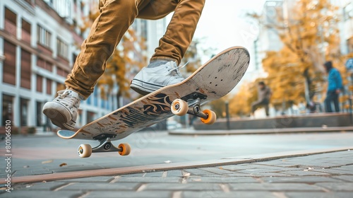 Skateboarder performing an ollie trick on an urban sidewalk with a focus on the skateboard and shoes 