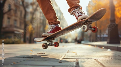 Skateboarder performing an ollie trick on an urban sidewalk with a focus on the skateboard and shoes 