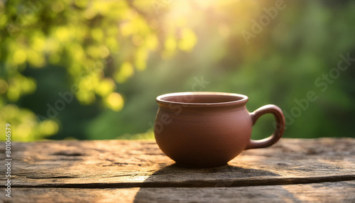 Handmade ceramic cup on wooden table. Handcrafted pottery. Blurred natural background.