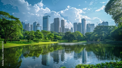 A city park with a pond, trees, and a skyline in the background.