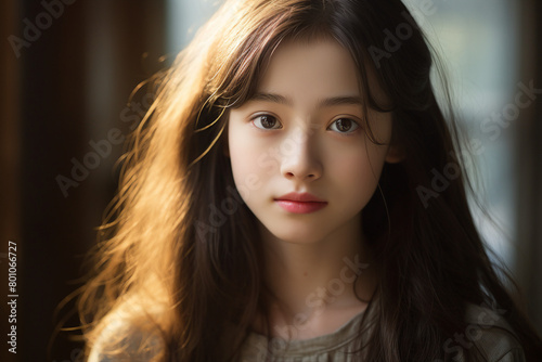 Generative AI photo of cute asian preteen kid wear uniform against blurred background © Tetiana