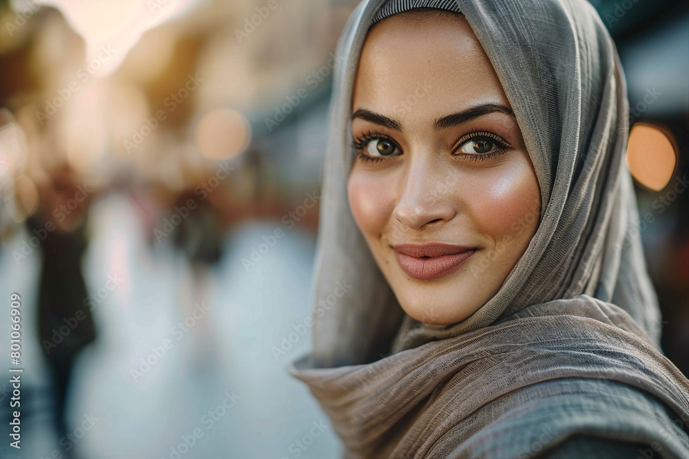 Generative AI illustration of charming abaric woman in hijab headscarf, religious woman in modern world