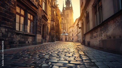 Empty cobblestone street bathed in soft light leading to an ornate historic cathedral at sunset