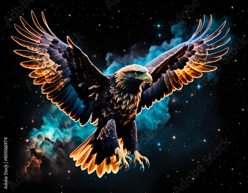 Eagle silhouette over colourful nebulas and starry night sky. Concept of a totem animal, powerful Universe, ancient believes and mythology. Amazing digital illustration. CG Artwork Background